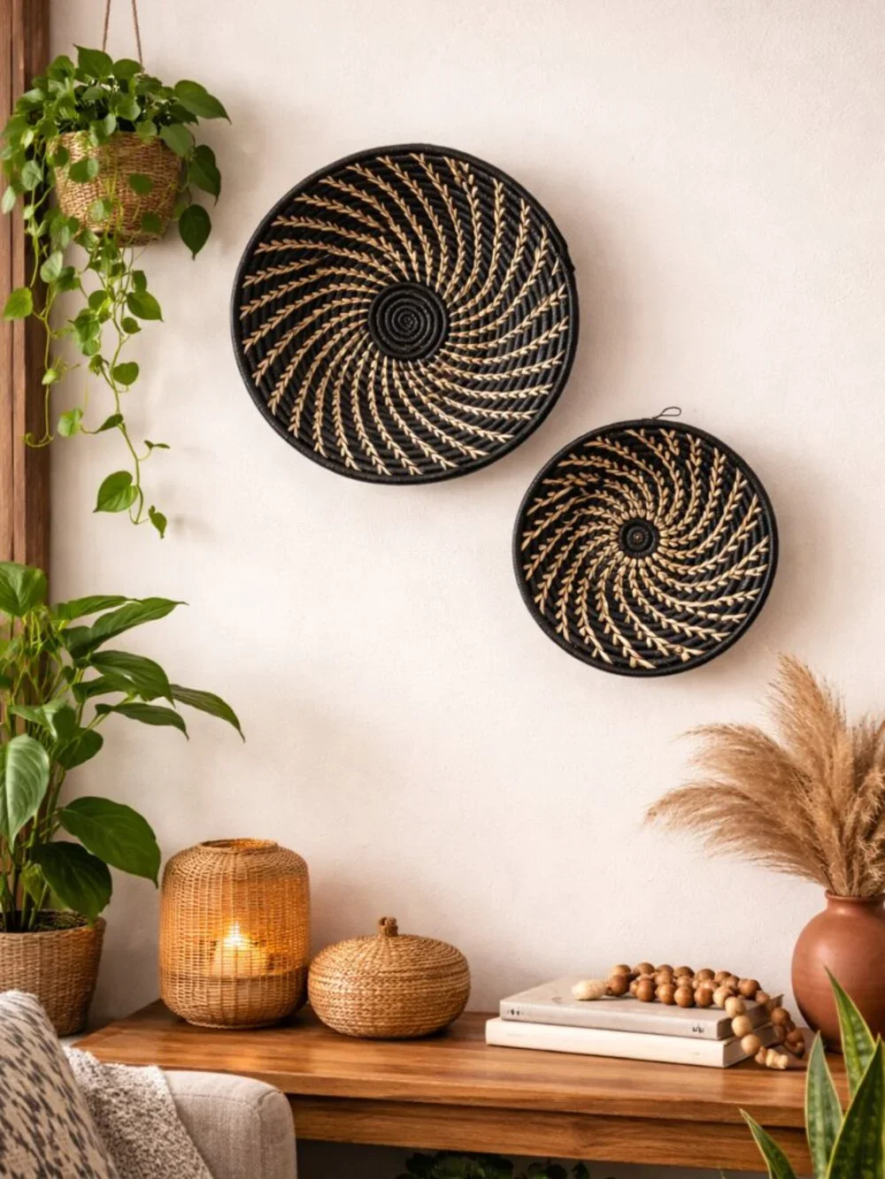 Black White Woven Raffia Grass African Baskets Set of 2 - Small 8in | Large 12in